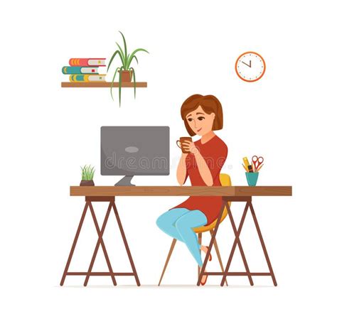 Woman Working On Computer Colorful Vector Concept Cartoon Flat Style Illustration Stock Vector