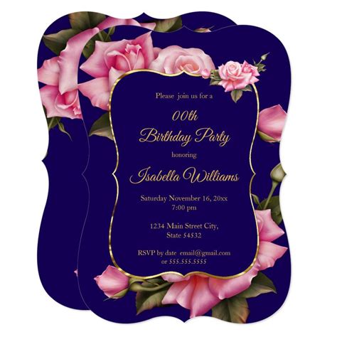 Royal Blue Pink Rose Floral Gold Birthday Party Invitation Zazzle Blue Pink Roses Gold