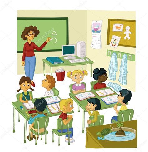 Primary Class With Pupils And Teacher — Stock Vector © Merikey 119209424