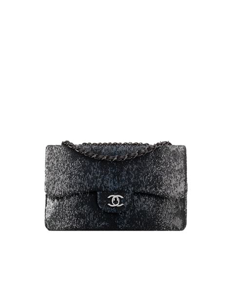 Flap Bag Sequins Lambskin And Ruthenium Tone Metal Silver And Navy Blue