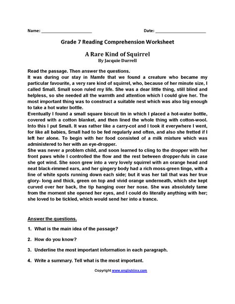 Printable 7th grade english worksheets when you start teaching english, one of the challenges you will face is how to get your students to use printable 7th grade english worksheets. 7th Grader Grade 7 Reading Comprehension Worksheets Pdf - Preschool & K Worksheets