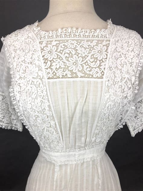 Hold Edwardian Dress 1910s Tea Dress Antique Striped White Cotton
