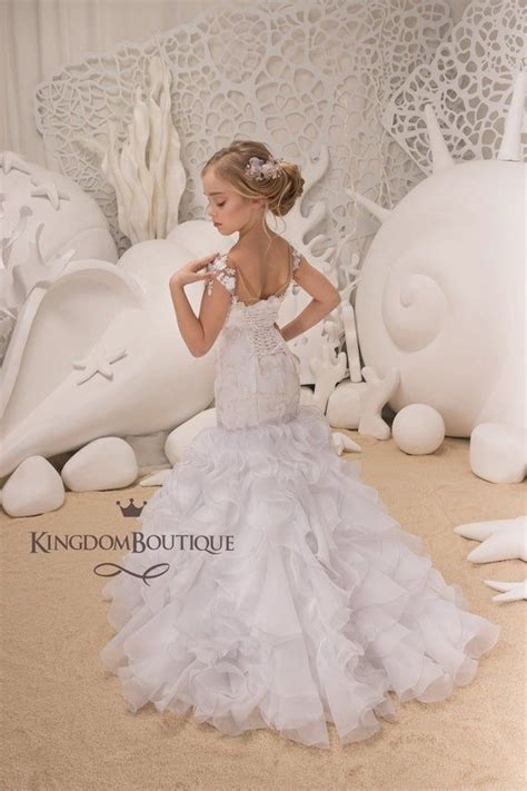 White Flower Girl Mermaid Style Dress Wedding Party Bridesmaid Mermaid Style Lace Tulle Flower