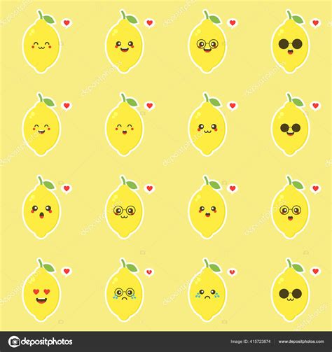 Set Cute Funny Lemon Characters Different Facial Expressions Cartoon
