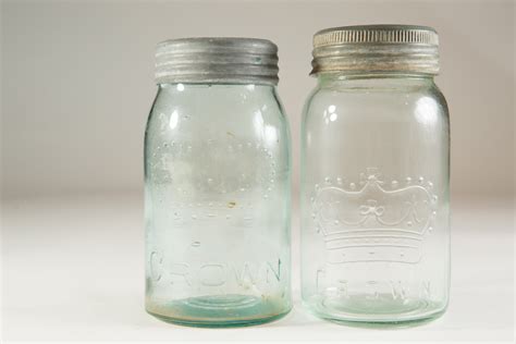 4 Vintage Crown Canning Mason Jars With Blue Glass And Zinc Lid Made