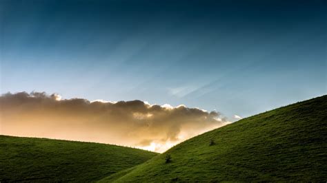 Nature Landscape Clouds Hills Grass Sun Rays Fence Simple Calm