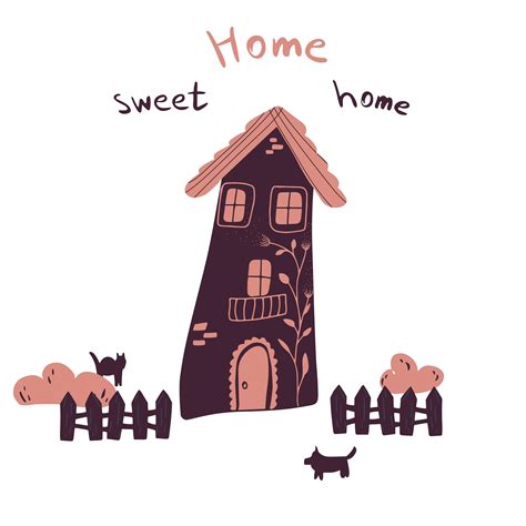 Vector illustration of house with fence, bushes, cat and dog in cartoon