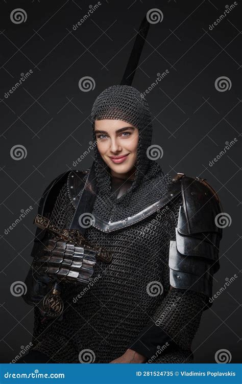 Stunning Portrait Of A Female Knight In Medieval Armor Stock Image