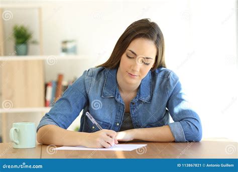 Woman Writing A Letter On A Table At Home Stock Image Image Of Girl