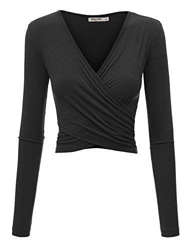 Lock And Love Womens Deep V Neck Long Sleeve Cross Wrap Fitted Crop Top