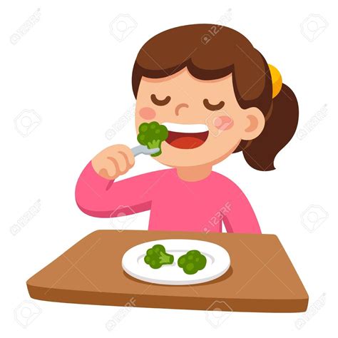 Cute Cartoon Happy Girl Eating Broccoli Healthy Vegetable Food And
