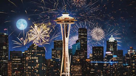 4k Seattle Washington Space Needle Fireworks Celebration 4th Of July Independence Day Starry