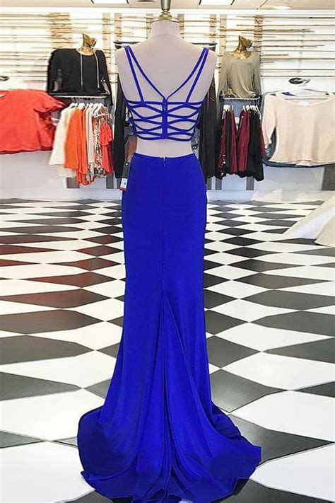 Two Piece Prom Dresses Spaghetti Straps Royal Blue Long Slit Cheap Pro