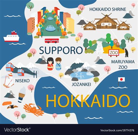 Address search, city list of hokkaido; Hokkaido travel map in flat Royalty Free Vector Image