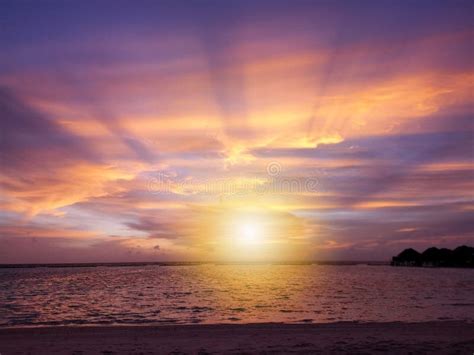 Colorful Ocean Beach Sunset Tropical Maldives Beach Stock Photo