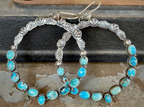 Large Hoops Turquoise Earrings By Navajo Annie Hoskie Native American
