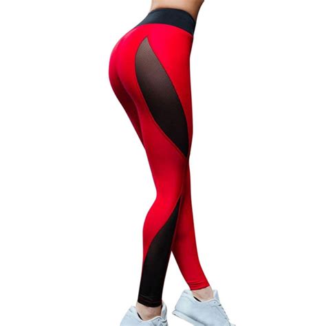 Hot Red And Black Patchwork Leggings For Women Sexy Mesh Splice Fitness Pants Elastic Workout
