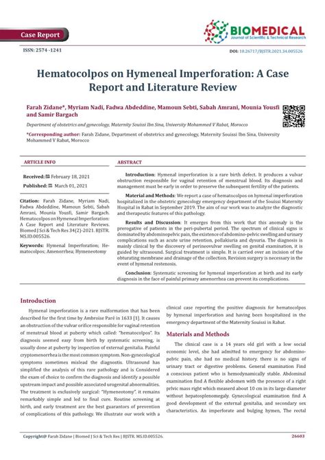Hematocolpos On Hymeneal Imperforation A Case Report And Literature