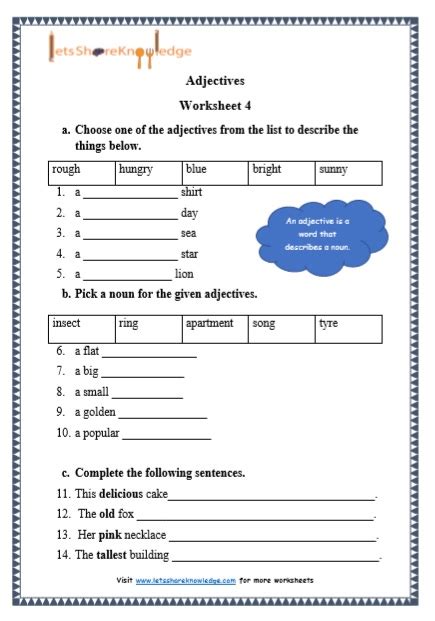 grade  grammar adjectives printable worksheets lets share knowledge