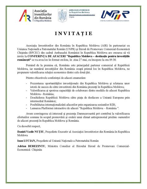 Invitatie de participare in cadrul CONFERINȚEI DE AFACERI ”Republica