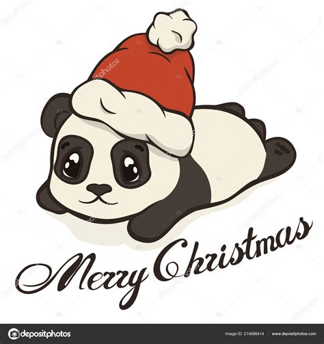 Cute Christmas Cartoon Panda Bear Character Santa Hat Pompon Vector ⬇