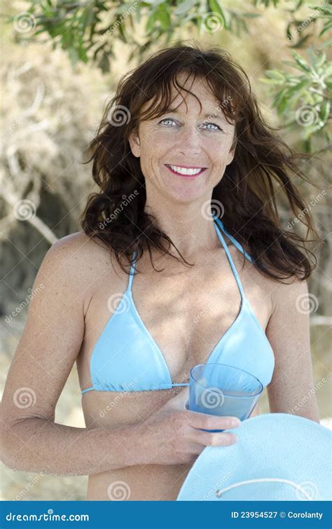 Happy Smiling Mature Woman Wearing Bikini Stock Image Image Of Freckles Mature 23954527