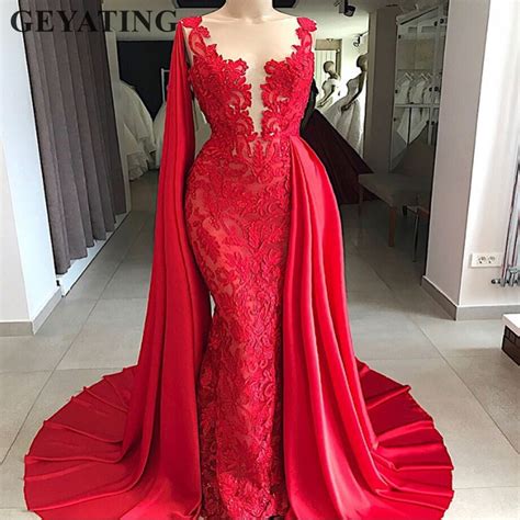 Saudi Arabic Red Mermaid Lace Evening Dress 2019 Elegant Long Formal