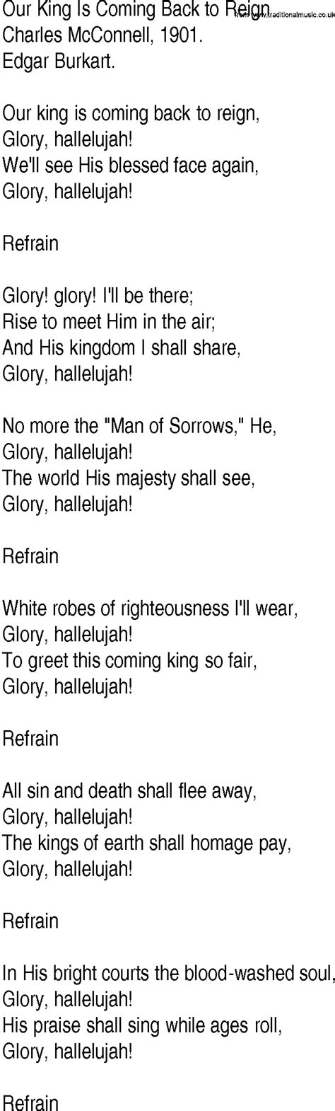 Hymn And Gospel Song Lyrics For Our King Is Coming Back To Reign By
