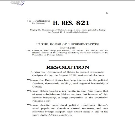 Results of the 2020 u.s. RESOLUTION OF THE US CONGRESS ABOUT ELECTIONS IN GABON. RÉSOLUTION DU CONGRÈS AMÉRICAIN SUR LES ...