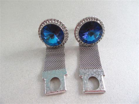 Vintage 1970s Blue Rivoli Crystal Wrap Cuff Links Cufflinks Mens