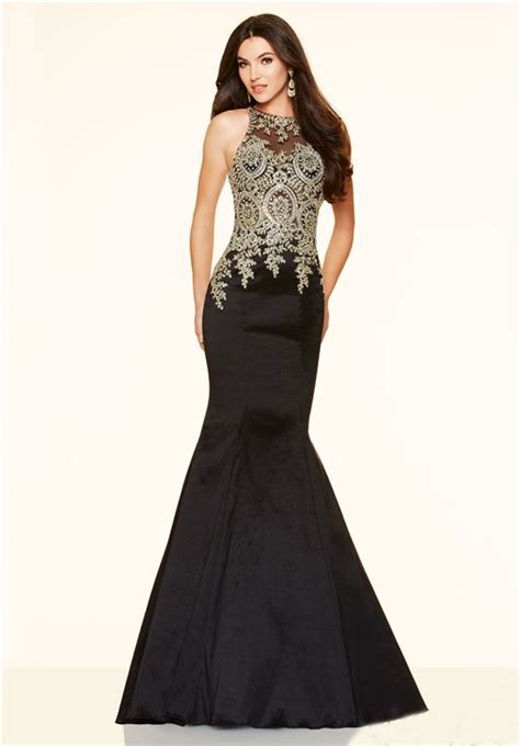 Mermaid High Neck Black Taffeta Gold Lace Applique Prom Dress
