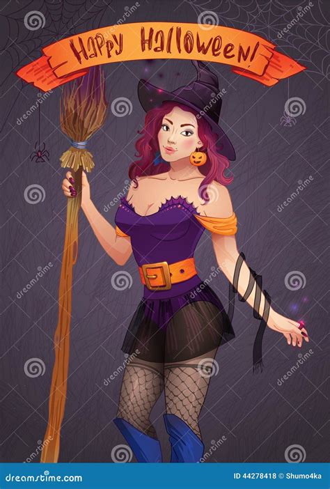 Pretty Witch Halloween Sexy Girl With Broom And Hat Greeting Card Happy Halloween Vector