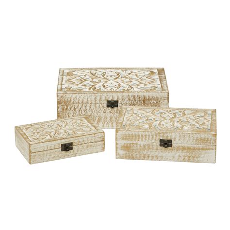 Decmode Traditional Wood Star Floral Batik Design Decorative Boxes With