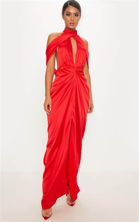 Red Satin Drape Detail Maxi Dress Dresses Prettylittlething Qa