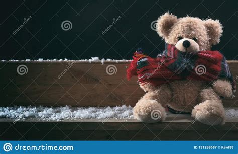 Cute Teddy Bear With Scarf Sitting Alone On A Snowed Bench Stock Image