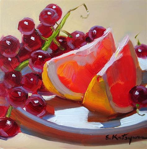 Grapefruit And Grapes By Elena Katsyura Fruit Painting Food Painting