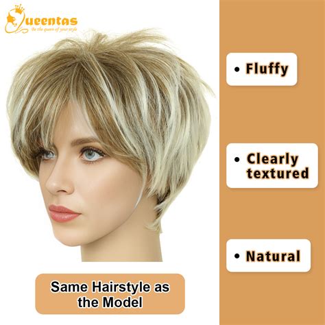 Queentas Pixie Layered Short Blonde Wigs For White Black Women Synthetic Hair Wefted Wig Caps