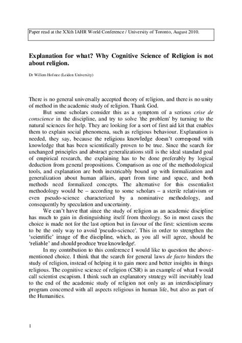 (DOC) Explanation for what? Why Cognitive Science of Religion is not about religion | Willem ...