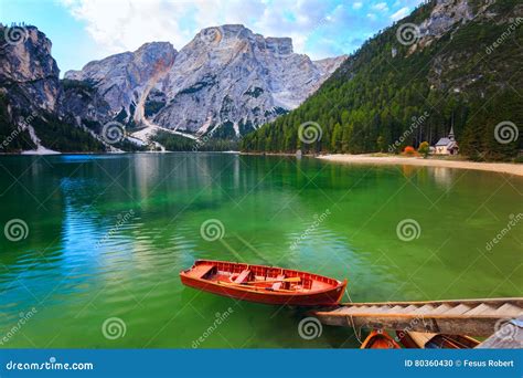 Boats On The Braies Lake Pragser Wildsee In Dolomites Mounta Stock