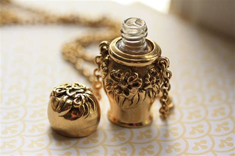 Gold Floral Perfume Bottle Necklace Long Gold Pendant