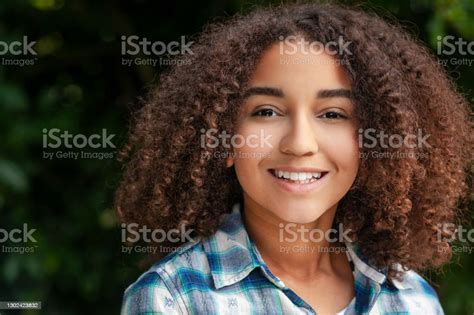 Outdoor Portrait Of Beautiful Happy Black Mixed Race Biracial African American Girl Teenager