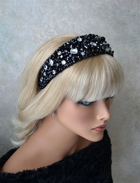 Beaded Jeweled Headband For Women Black Silver Crystal Etsy