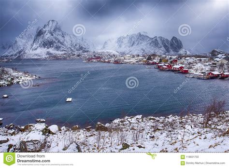 Traditional Norwegian Reine Village At One Of The Harbours Of Lofoten