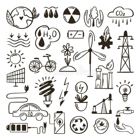 Green Energy Doodle Set Ecology Environmental Sketch Concept Stock