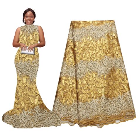 African Latest Lace Fabric Gold Nigeria Lace Fabric Embroidery Beaded