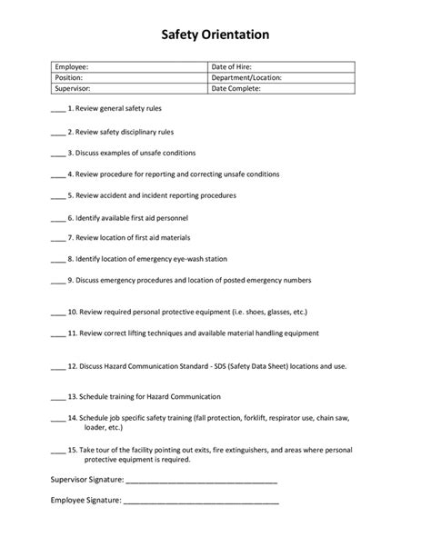 Sample Employee Safety Orientation Checklist In Word And Pdf Formats