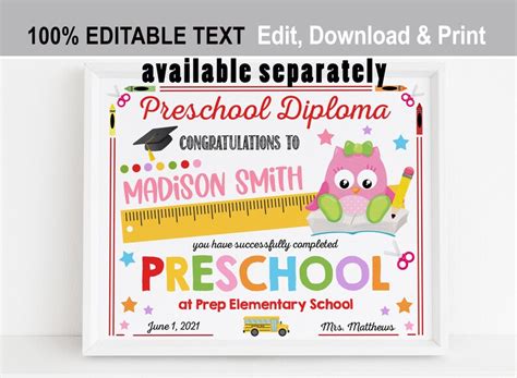 Editable Preschool Diploma Printable Boy Personalized Etsy