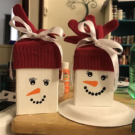 Hand Painted Snowmen I Made Out Of A Block Of Wood And A Glove On Top