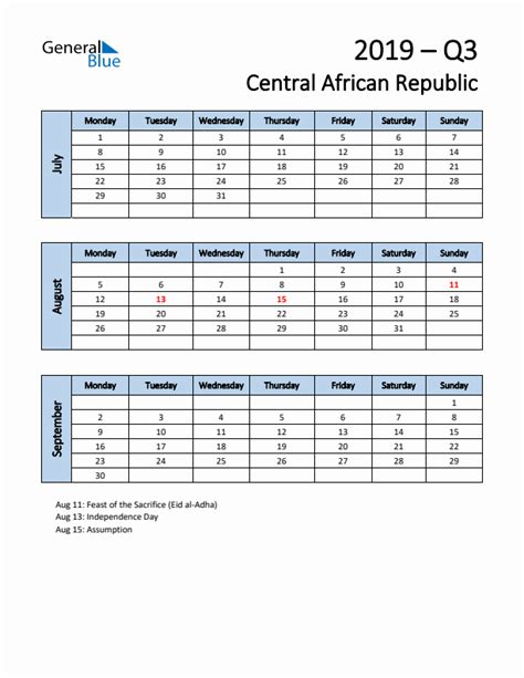 Free Q3 2019 Calendar For Central African Republic Monday Start