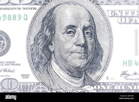 Close Up Portrait Of American President Benjamin Franklin On A 100
